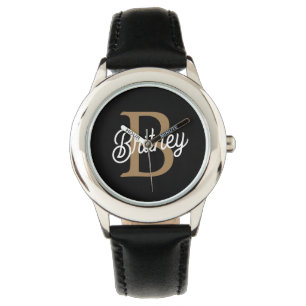 Modern Elegant Monogram Name  Black Gold Script  Watch