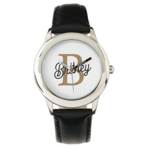Modern Elegant Monogram Name  Black Gold Script  Watch