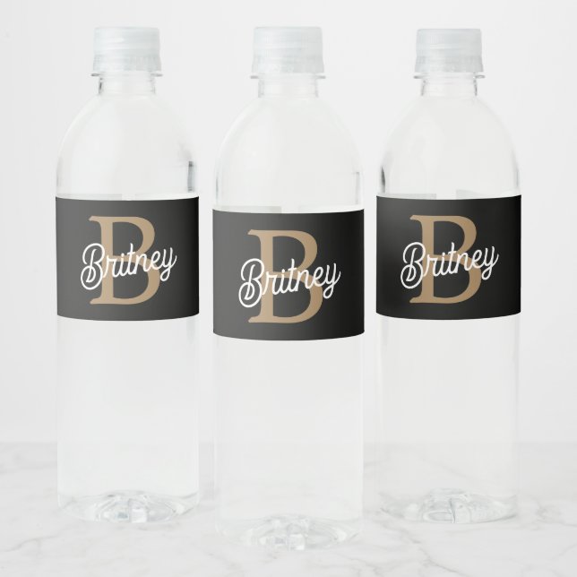 Modern Elegant Monogram Name  Black Gold Script  Water Bottle Label (Bottles)