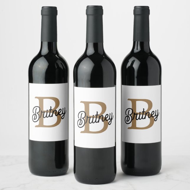 Modern Elegant Monogram Name  Black Gold Script  Wine Label (Bottles)