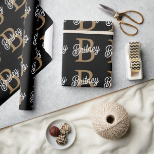 Modern Elegant Monogram Name Black Gold Script Wrapping Paper