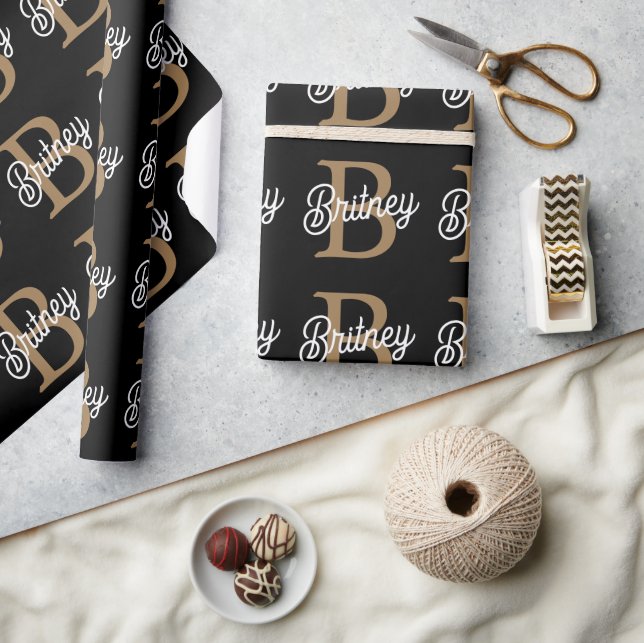 Modern Elegant Monogram Name  Black Gold Script  Wrapping Paper (Crafts)