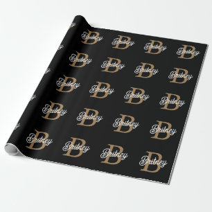 Modern Elegant Monogram Name  Black Gold Script  Wrapping Paper