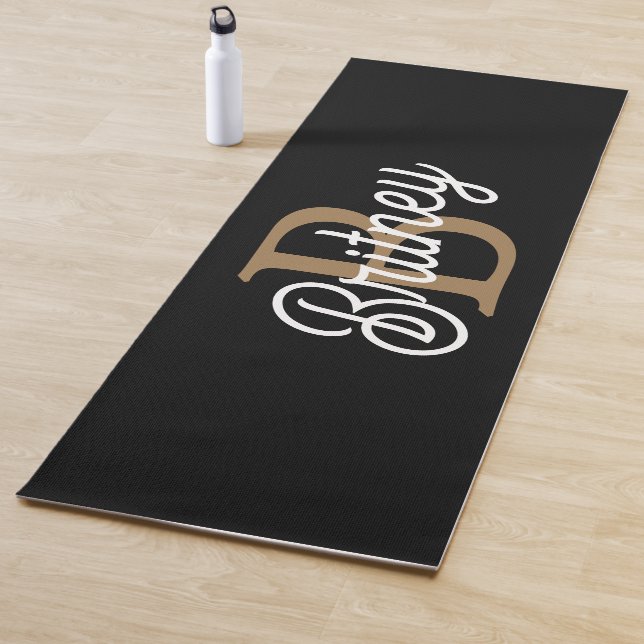 Modern Elegant Monogram Name  Black Gold Script  Yoga Mat (In Situ)