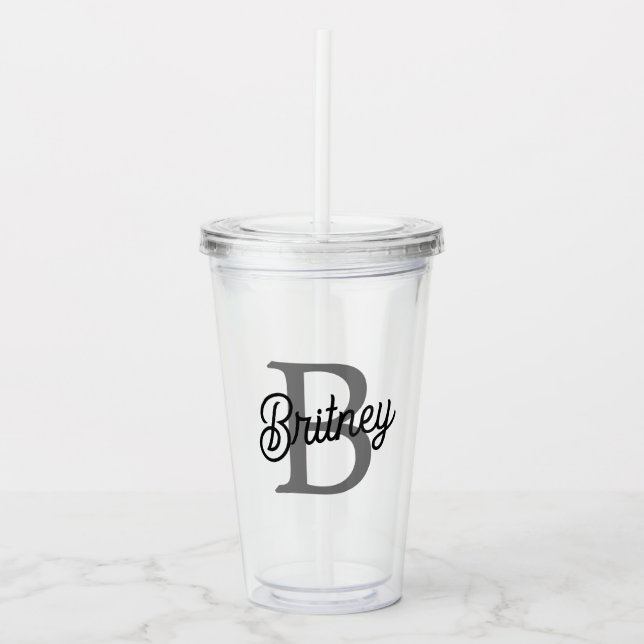 Modern Elegant Monogram Name  Black Grey Script  Acrylic Tumbler (Front)