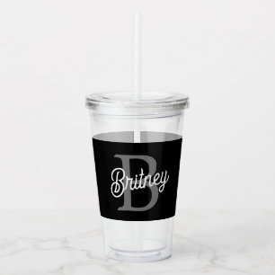 Modern Elegant Monogram Name Black Grey Script Acrylic Tumbler