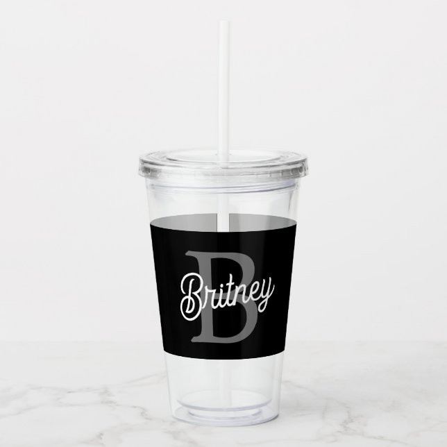 Modern Elegant Monogram Name  Black Grey Script  Acrylic Tumbler (Front)