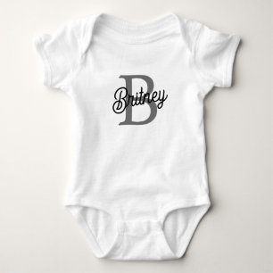 Modern Elegant Monogram Name  Black Grey Script  Baby Bodysuit