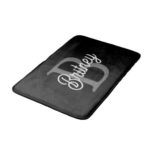 Modern Elegant Monogram Name  Black Grey Script  Bath Mat