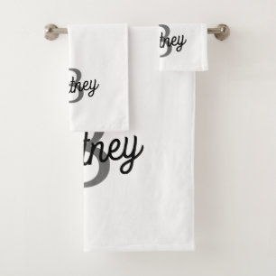 Modern Elegant Monogram Name  Black Grey Script  Bath Towel Set