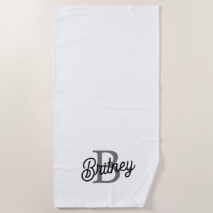 Modern Elegant Monogram Name  Black Grey Script  Beach Towel