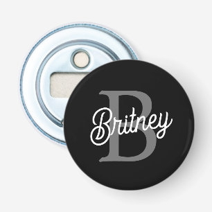 Modern Elegant Monogram Name Black Grey Script Bottle Opener