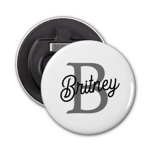 Modern Elegant Monogram Name Black Grey Script Bottle Opener