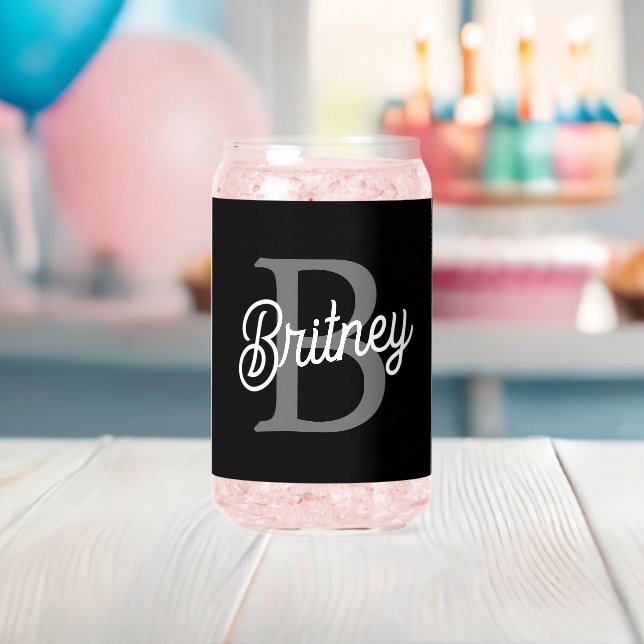 Modern Elegant Monogram Name  Black Grey Script  Can Glass (Insitu (Baby Shower))