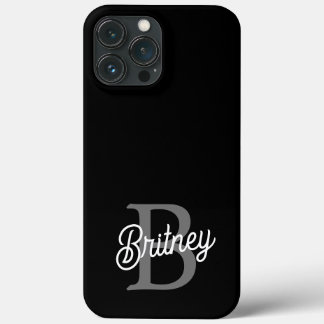 Modern Elegant Monogram Name  Black Grey Script  iPhone 13 Pro Max Case