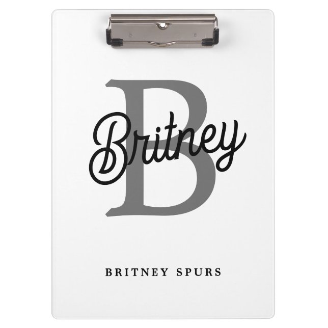 Modern Elegant Monogram Name  Black Grey Script  Clipboard (Front)