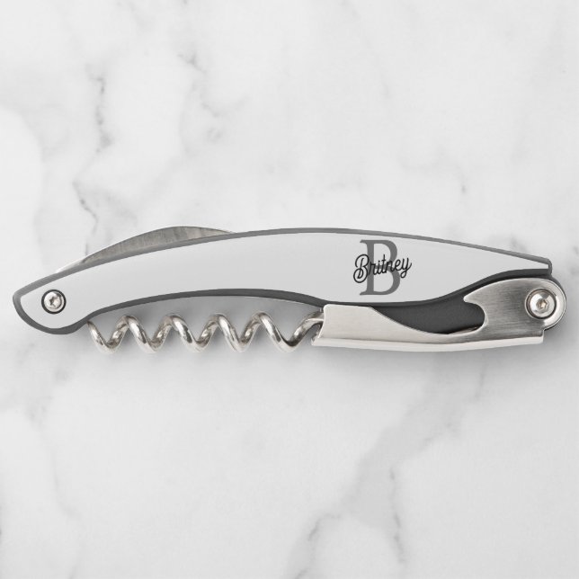 Modern Elegant Monogram Name  Black Grey Script  Corkscrew (Back)