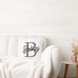 Modern Elegant Monogram Name Black Grey Script Cushion