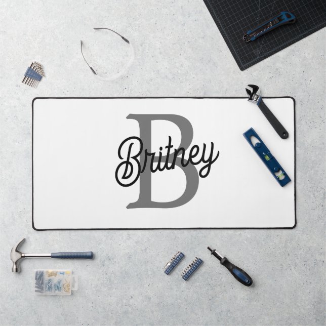 Modern Elegant Monogram Name  Black Grey Script  Desk Mat (Workstation)