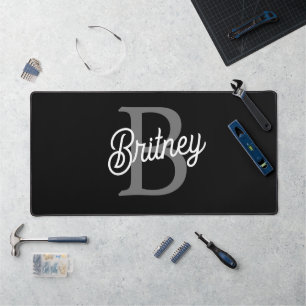 Modern Elegant Monogram Name  Black Grey Script  Desk Mat