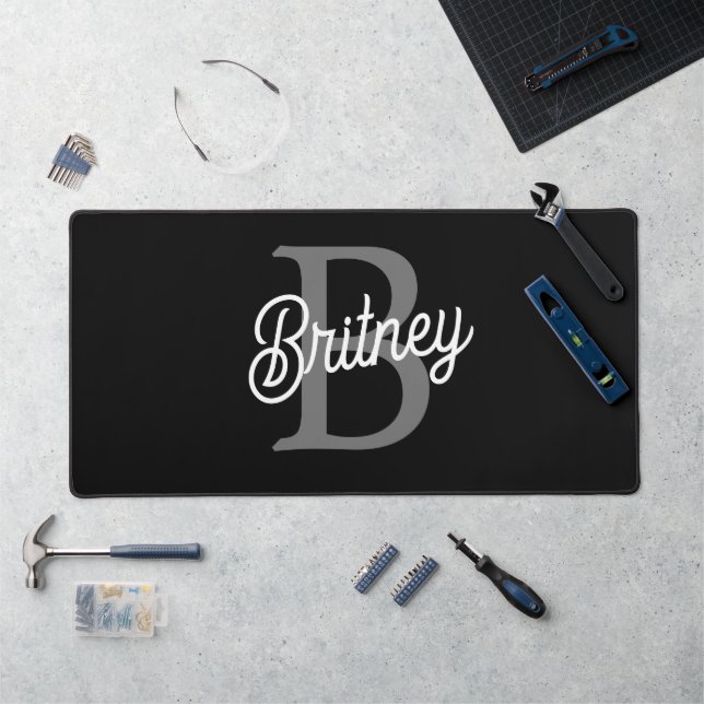 Modern Elegant Monogram Name  Black Grey Script  Desk Mat (Workstation)