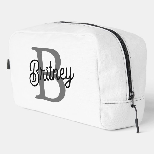 Modern Elegant Monogram Name  Black Grey Script  Dopp Kit (Right Corner)