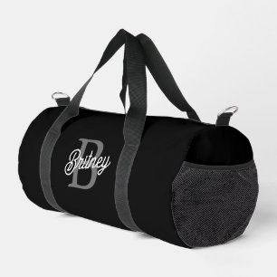 Modern Elegant Monogram Name Black Grey Script Duffle Bag