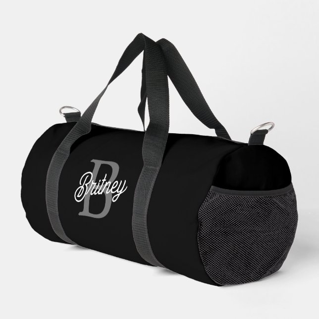 Modern Elegant Monogram Name  Black Grey Script  Duffle Bag (Right Corner)