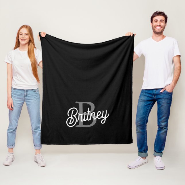 Modern Elegant Monogram Name  Black Grey Script  Fleece Blanket (In Situ)