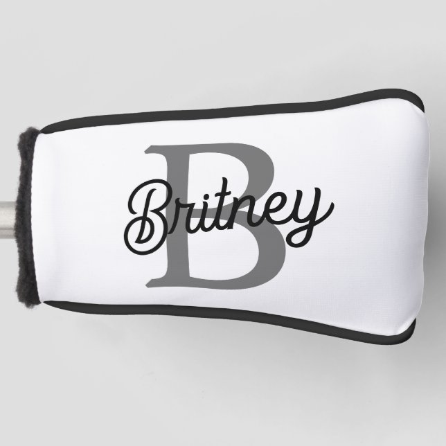 Modern Elegant Monogram Name  Black Grey Script  Golf Head Cover (Front)
