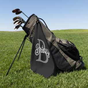 Modern Elegant Monogram Name Black Grey Script Golf Towel