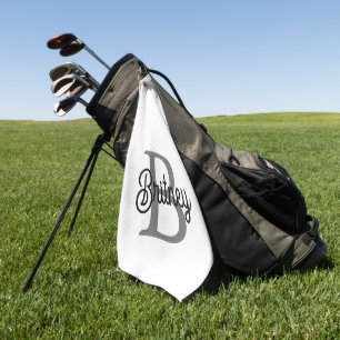 Modern Elegant Monogram Name Black Grey Script Golf Towel