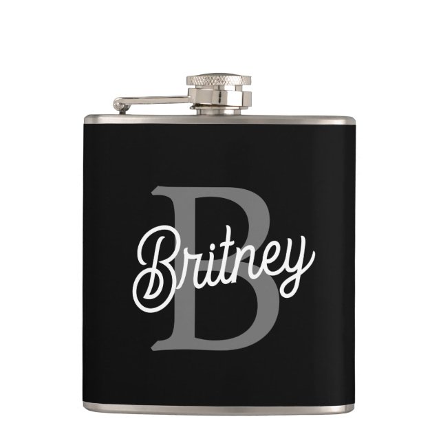 Modern Elegant Monogram Name  Black Grey Script  Hip Flask (Front)