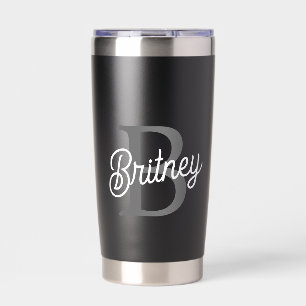 Modern Elegant Monogram Name  Black Grey Script  Insulated Tumbler