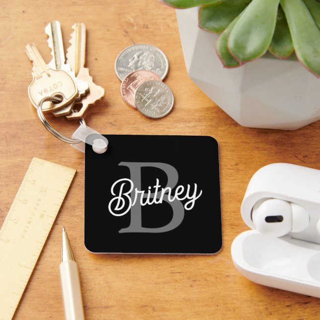 Modern Elegant Monogram Name  Black Grey Script  Key Ring (Desk)