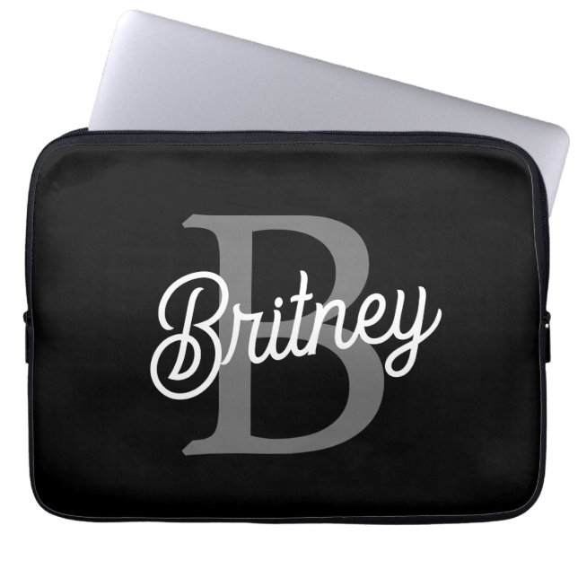 Modern Elegant Monogram Name  Black Grey Script  Laptop Sleeve (Front)