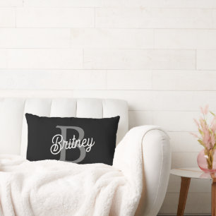 Modern Elegant Monogram Name  Black Grey Script  Lumbar Cushion