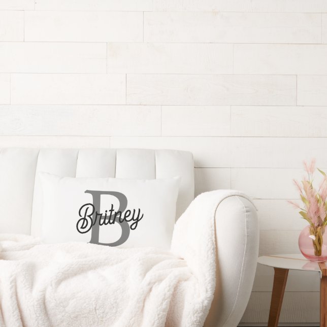 Modern Elegant Monogram Name  Black Grey Script  Lumbar Cushion (Couch)
