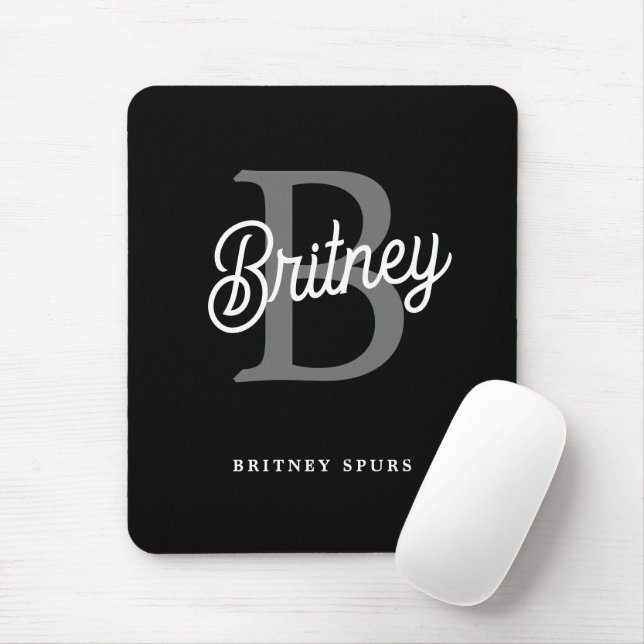 Modern Elegant Monogram Name  Black Grey Script  Mouse Pad (With Mouse)