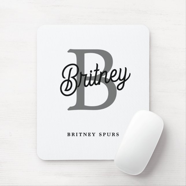 Modern Elegant Monogram Name  Black Grey Script  Mouse Pad (With Mouse)