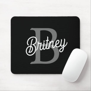 Modern Elegant Monogram Name  Black Grey Script  Mouse Pad