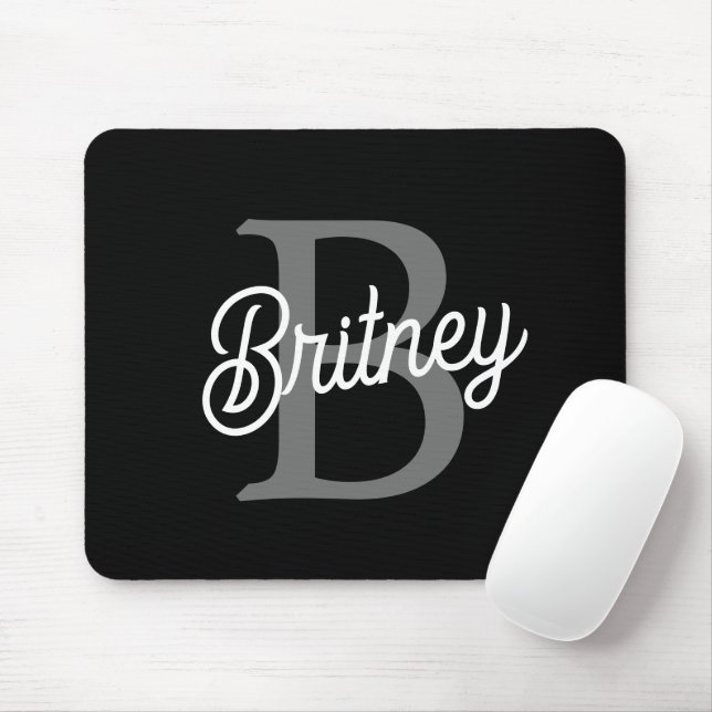 Modern Elegant Monogram Name  Black Grey Script  Mouse Pad (With Mouse)