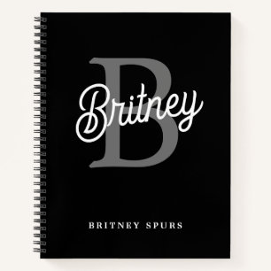 Modern Elegant Monogram Name Black Grey Script Notebook