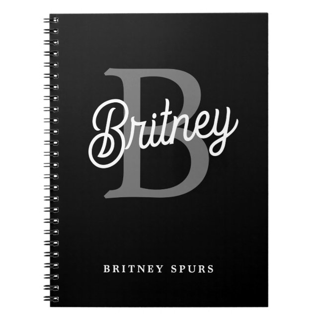 Modern Elegant Monogram Name  Black Grey Script  Notebook (Front)