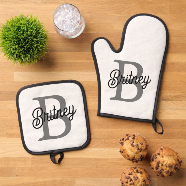 Modern Elegant Monogram Name  Black Grey Script  Oven Mitt & Pot Holder Set (Top Down)