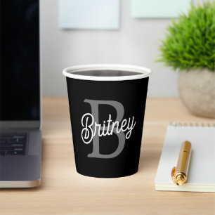 Modern Elegant Monogram Name  Black Grey Script  Paper Cups