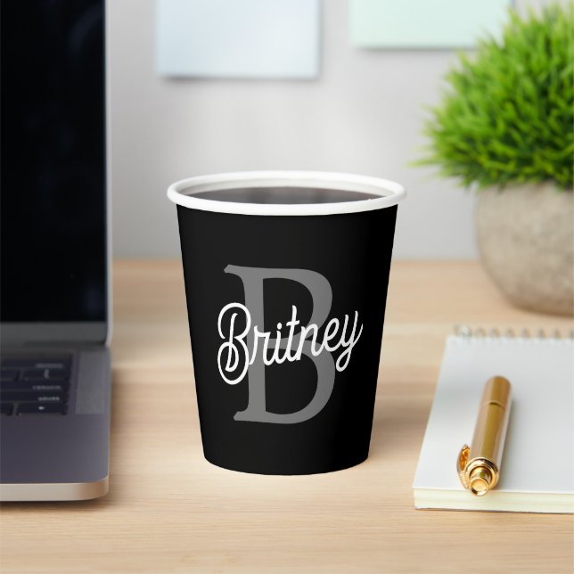 Modern Elegant Monogram Name  Black Grey Script  Paper Cups (Insitu)