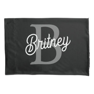 Modern Elegant Monogram Name  Black Grey Script  Pillowcase