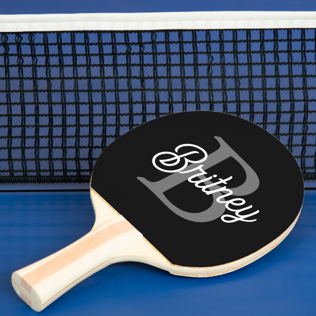 Modern Elegant Monogram Name  Black Grey Script  Ping Pong Paddle (Insitu)