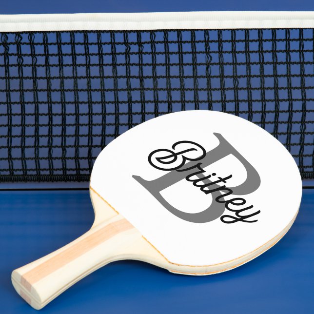 Modern Elegant Monogram Name  Black Grey Script  Ping Pong Paddle (Insitu)
